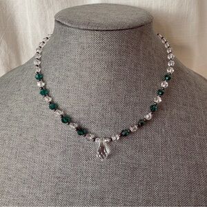 Beaded Crystal Drop Necklace | Clear & Green Beads | Lightweight